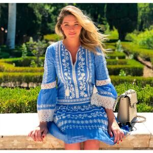 TORY BURCH Gabriella Embroidered Bell Sleeve Dress Blue Dusk Bohemian {3J38}